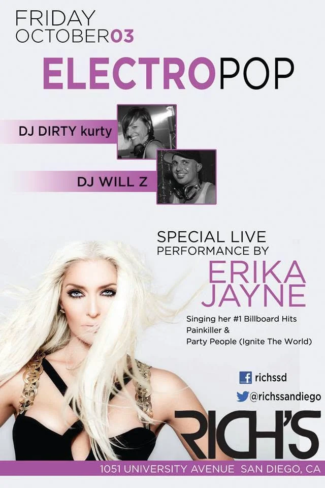 ElectroPop flyer at Rich's featuring DJ Will Z and Erika Jayne