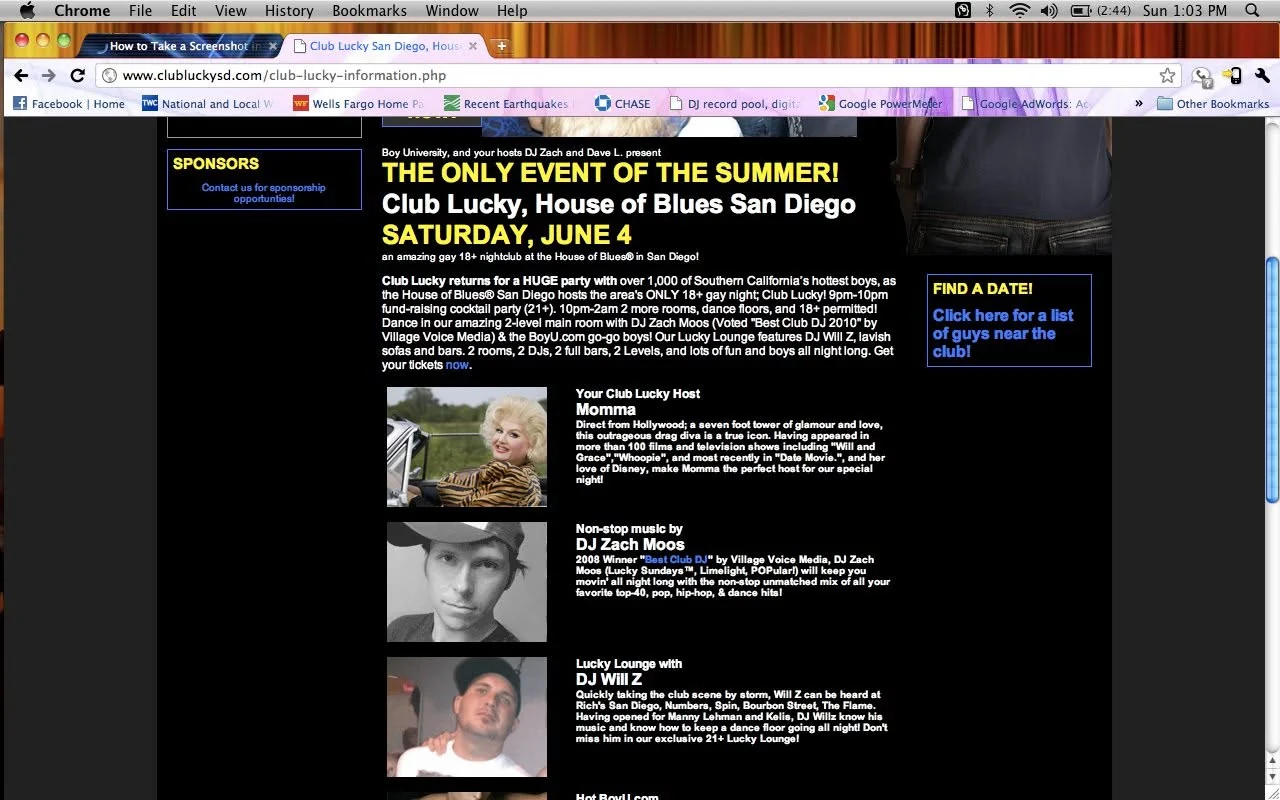 Club Lucky House of Blues San Diego webpage listing DJ Will Z in the Lucky Lounge