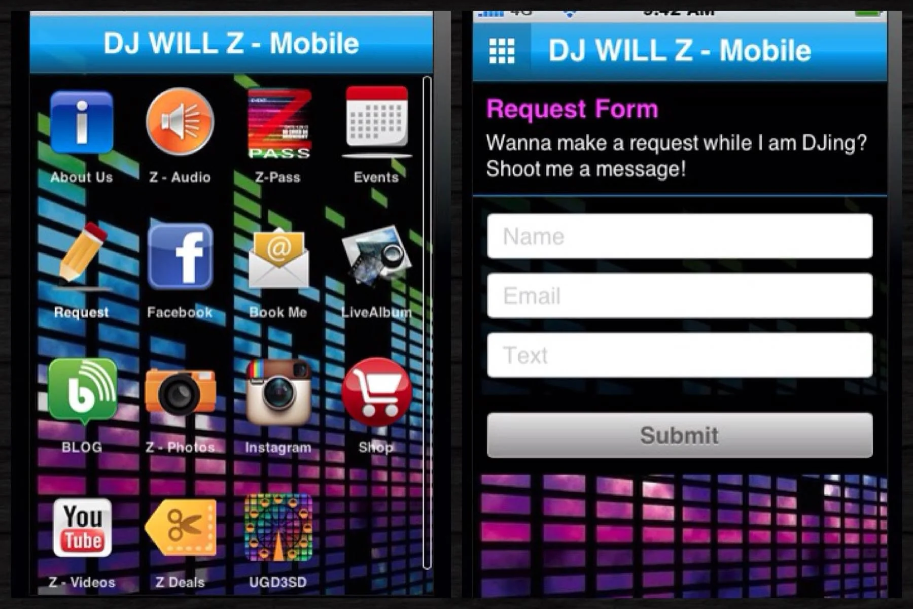 DJ Will Z Mobile app home screen and song request form