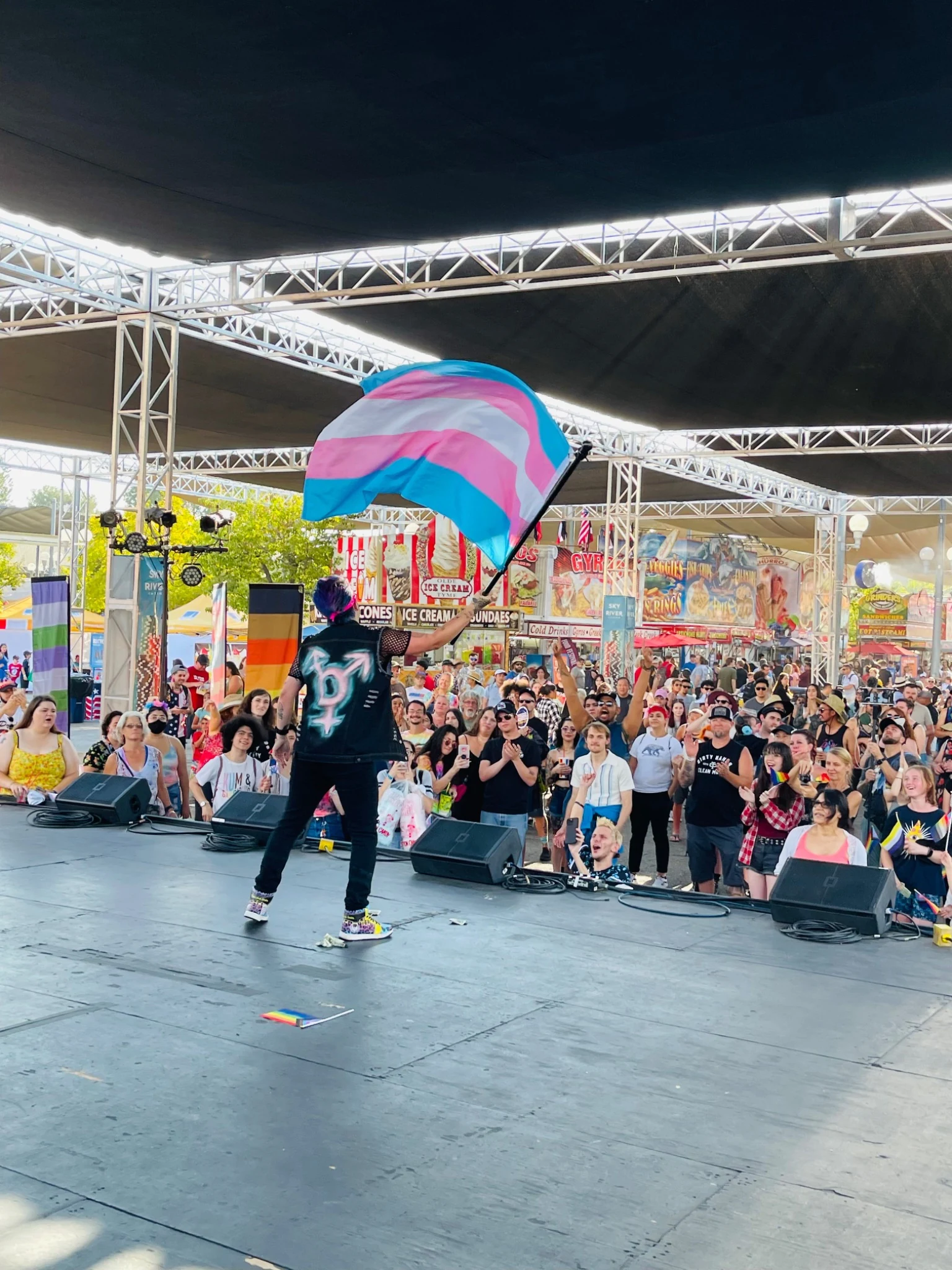 Large transgender Pride flag displayed on the Out at the Fair stage community group celebrating together