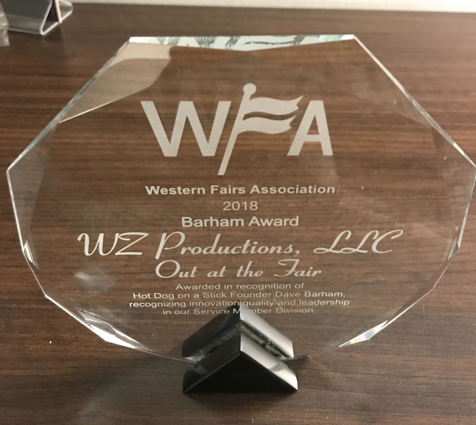 Western Fairs Association 2018 Barham Award trophy for Out at the Fair