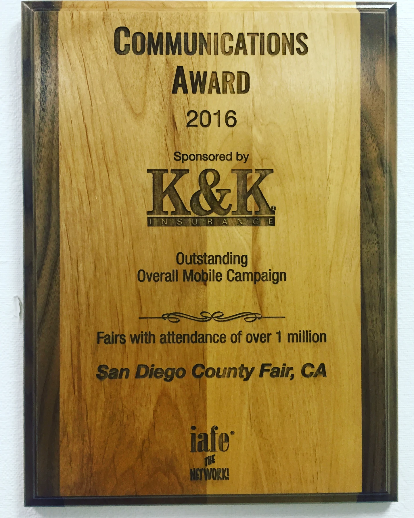 2016 K and K Communications Award plaque for an outstanding overall mobile campaign