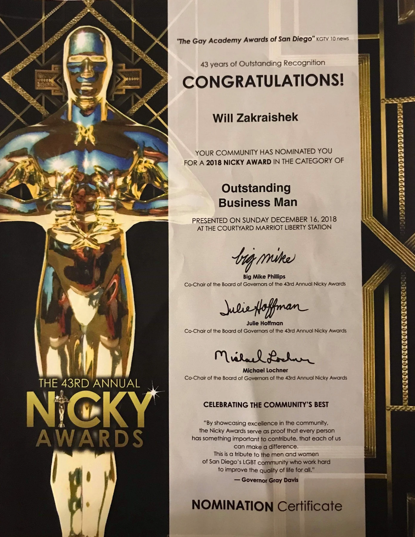 Nicky Awards certificate recognizing William Zakrajshek in the outstanding businessman category