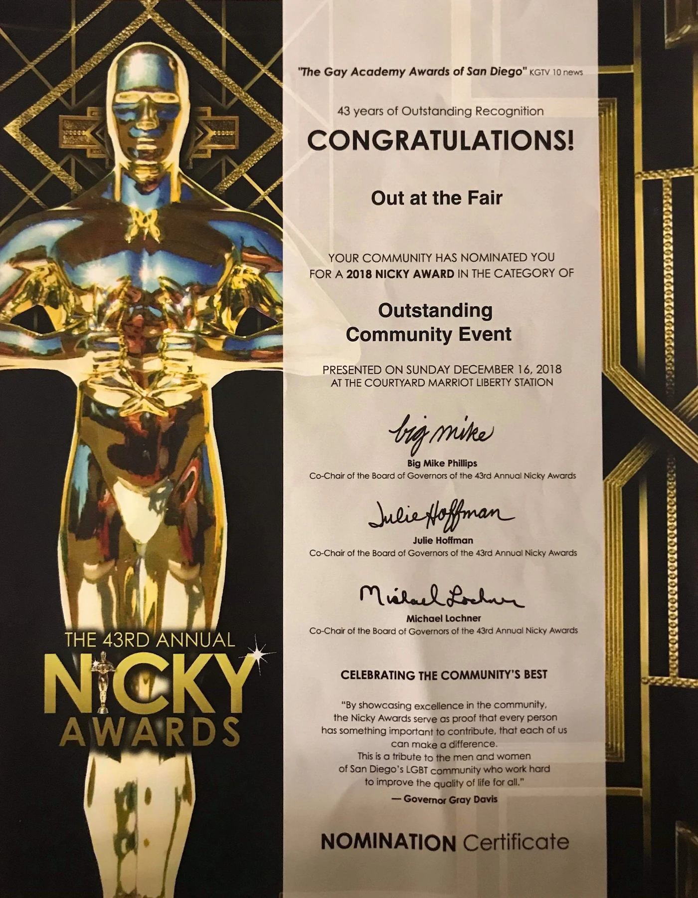 Nicky Awards certificate recognizing Out at the Fair as an outstanding community event