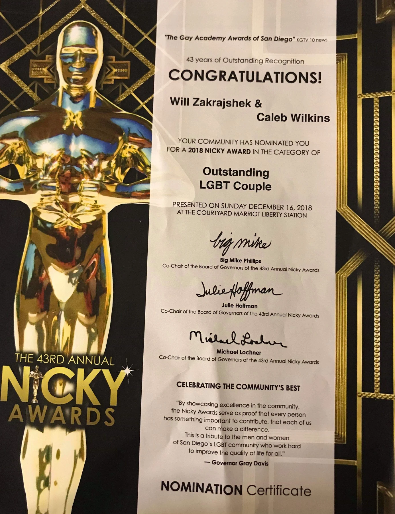 Nicky Awards certificate recognizing William Zakrajshek and Caleb in the outstanding LGBTQ couple category