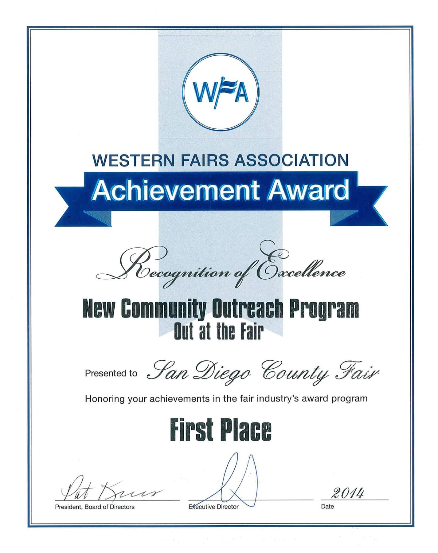 Western Fairs Association Achievement Award certificate recognizing a first place community outreach program